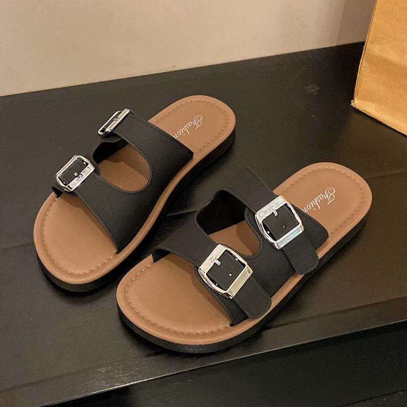 

Тапочки женские носят новые сандалии на платформе в сказочном стиле с двойной пряжкой для пляжа летом 40/41 чёрный