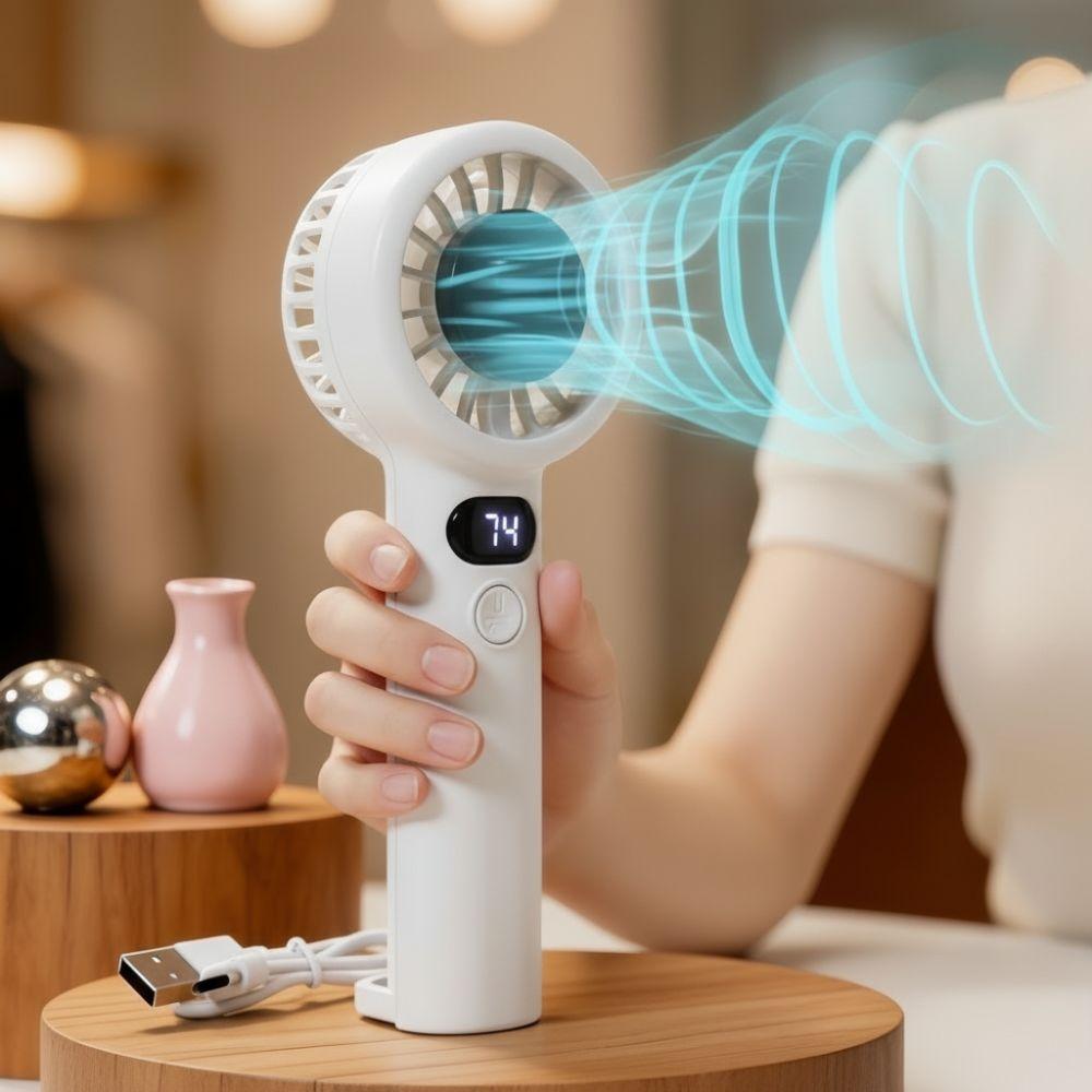 USB Rechargeable Electric Hand Fan with LED Display Highspeed Cooling Fan Outdoor Travel