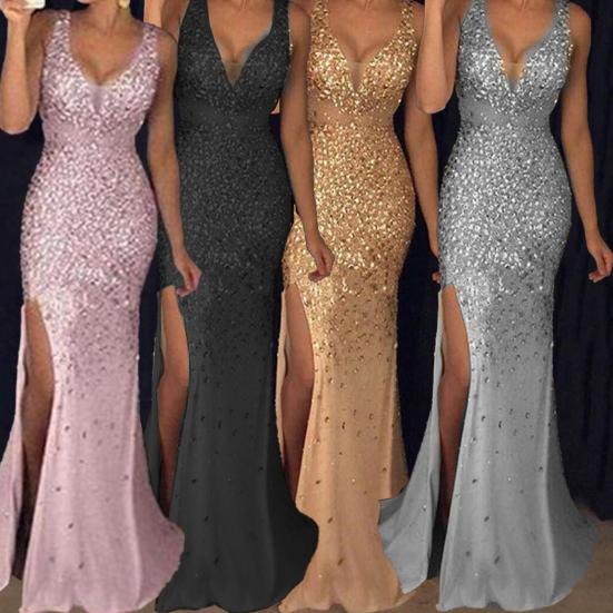 Ženy Večerní šaty Výstřih Síťovina Patchwork Flitr Bez rukávů Dělený lem Mořská panna Tvar Slim Fit Ples Party Banket Nevěsta Maxi šaty