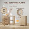 Folding Sewing Table, Drop-Leaf Front, Storage Bins, Open Shelf, Casters, Natural Wood
