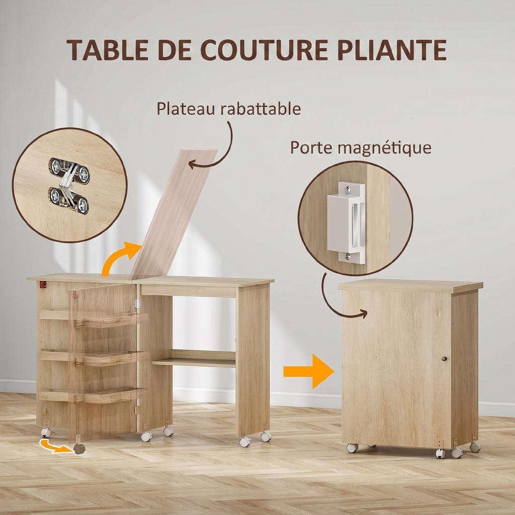 Folding Sewing Table, Drop-Leaf Front, Storage Bins, Open Shelf, Casters, Natural Wood