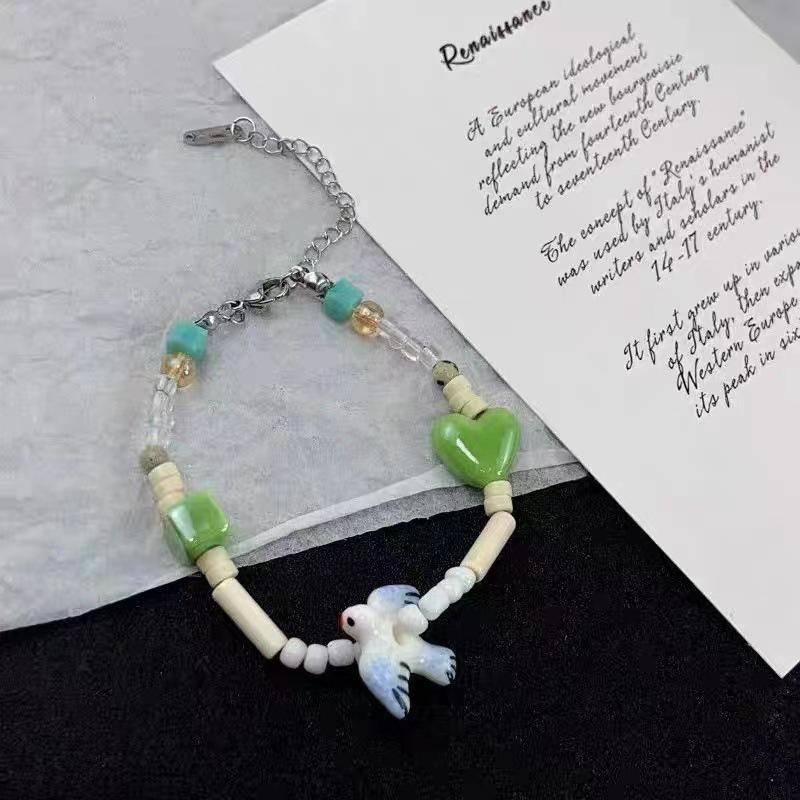 Womens Trendy Ceramic Beaded Bracelet With Heart And Geometric Charms Style Retro