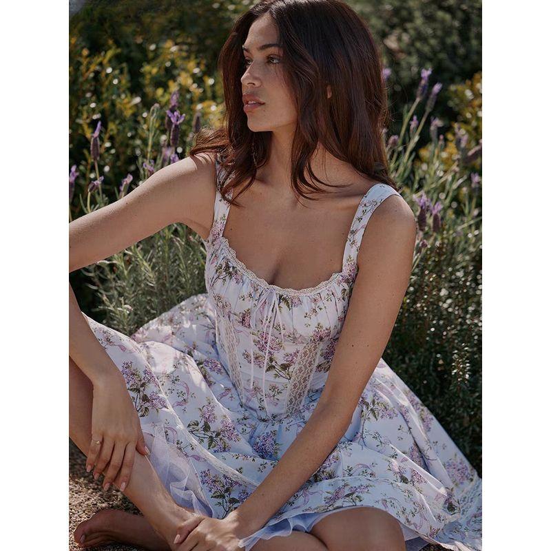 Midsummer Flower House Same Style French Style Romantic Sweet Pastoral Floral Lace Stitching Waist Hugging Sling Dress