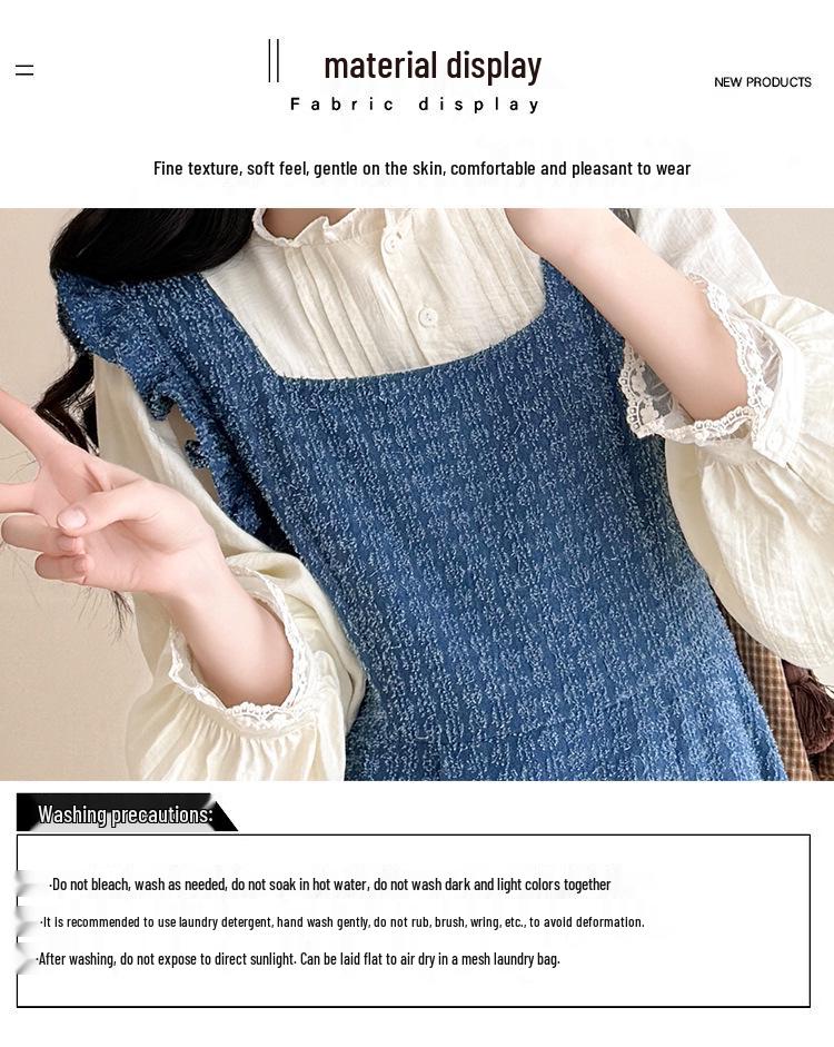 2026 Spring Tassel Plaid Maternity Denim Skirt & Lace Trim Shirt Set