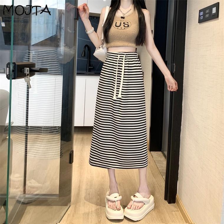 MOJTA Gonna Estiva da Donna a Vita Alta Media Lunghezza A-line Elastica a Righe Coulisse Casual con Spacco