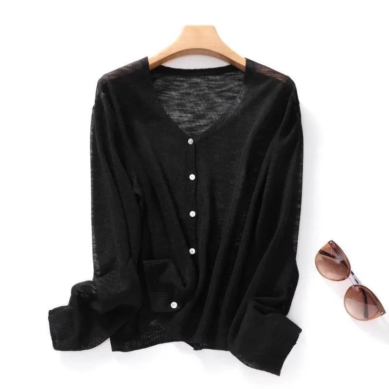Women V Neck Thin Semi Sheer Knit Cardigan Long Sleeve Single Breasted Sun Protection Casual Knitted Outerwear