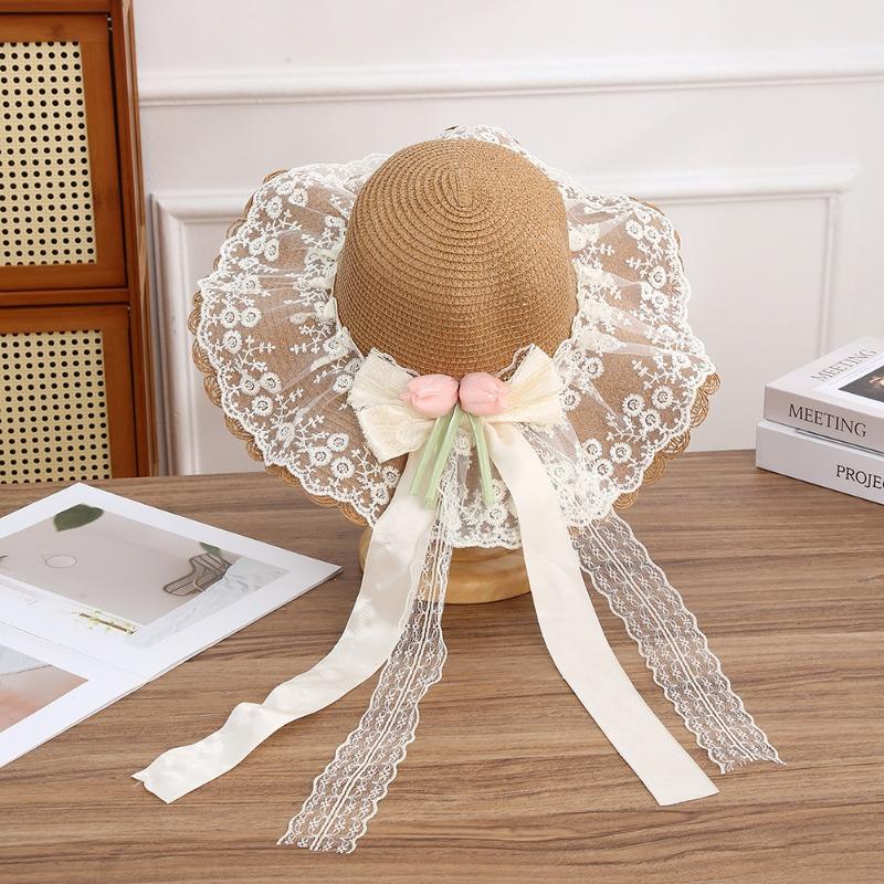Summer Bow Sun Hat Female, Seaside Beach Vacation Sun Hat Outdoor Big Brim Sun Hat Sweet Straw Hat