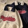 Vintage Lammwolle Sweatshirt Damen Stickerei Buchstaben Kapuzenpullover Winter Warm Fleece Mantel Damenmode Übergroß Baseball Streetwear