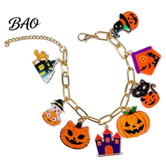Versatile Festive Wrist Ornament Halloween Charm Bracelets for Women, Cute Spooky Pumpkin Cat Ghost Castle Pendant Holiday Costume Accessory Bracelet,