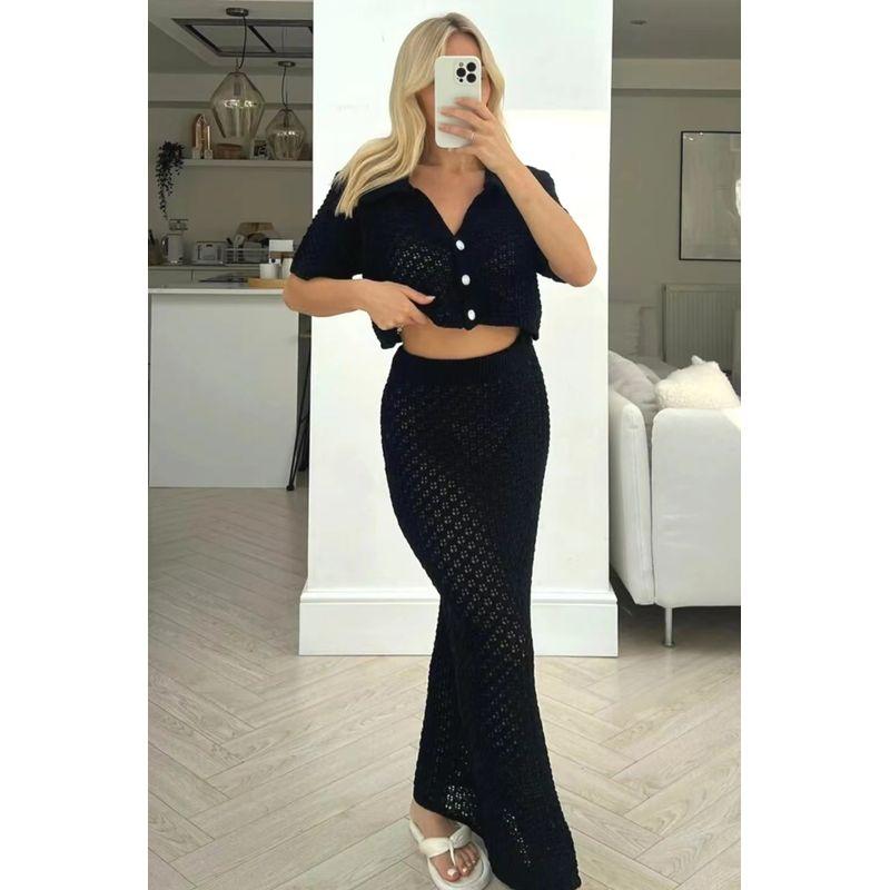 

European and American New Knit cardigan Buckle Top Skirt sets Knited Top and Skirt Set Black S