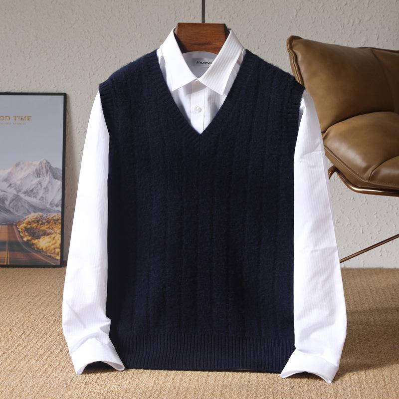 Men's 100% Pure Wool V-Neck Thickened Sleeveless Knit Vest - Solid Color, Ribbed, Slimming, Warm