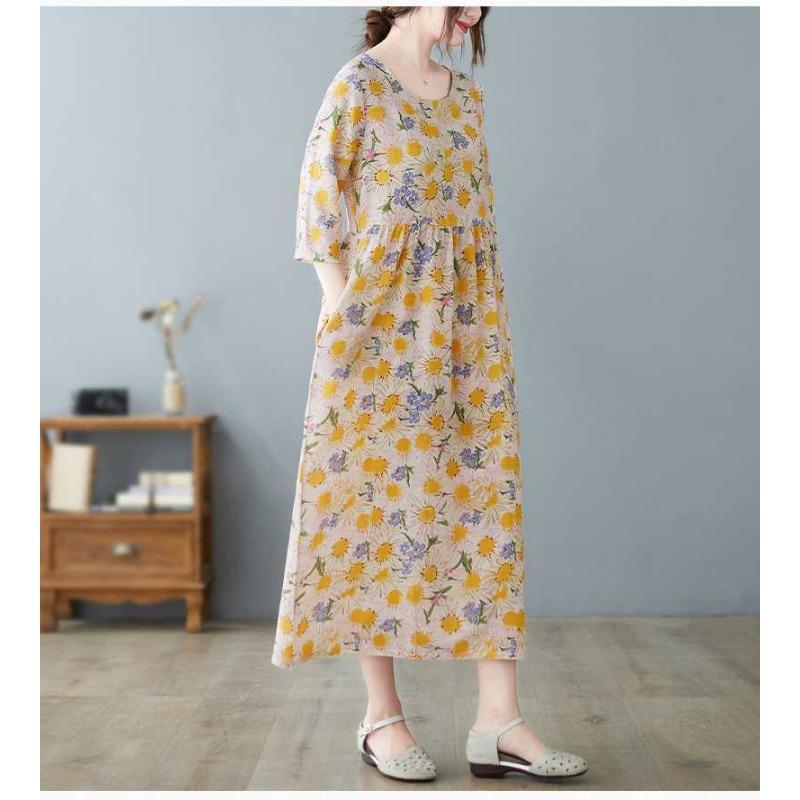 Lato Nowość Literacki Duży Rozmiar Luźny Cienki Okrągły Dekolt Rękaw Pięciominutowy Sukienki Damskie Odmładzające