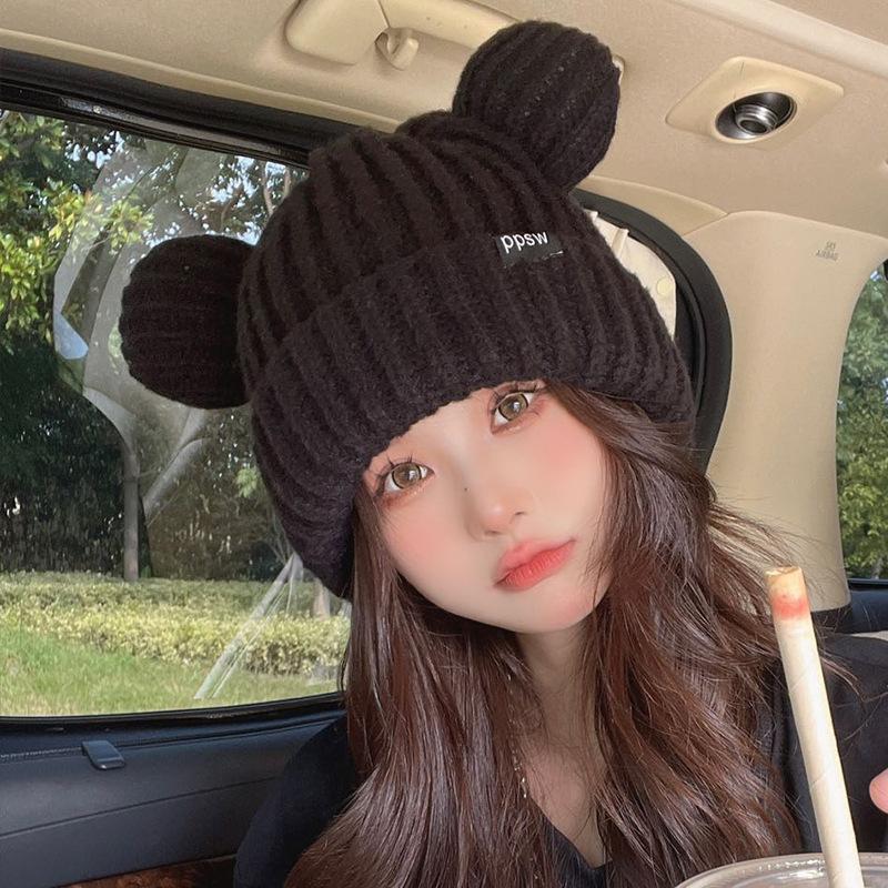 Cat Ear Knitted Hat for Women In Autumn and Winter Warmth and Thick Ear Protection Winter Style Cute Face Showing Small Ins Student Wool Hat