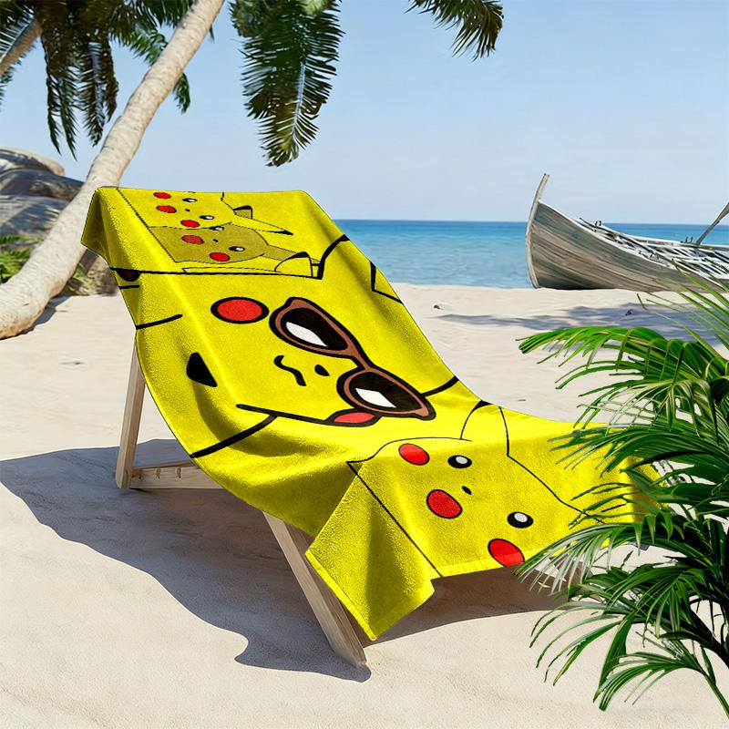 Happy Pikachu Print Beach Towel, Large Soft Quick Dry Towel for Beach Camping Swimming