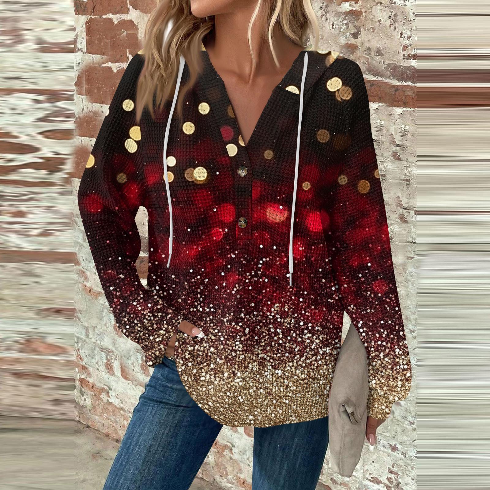 

Женская мода с длинным рукавом, завязками на шнурке, капюшоном, пуговицами, V-образным вырезом, повседневная толстовка с капюшоном и рождественским принтом L