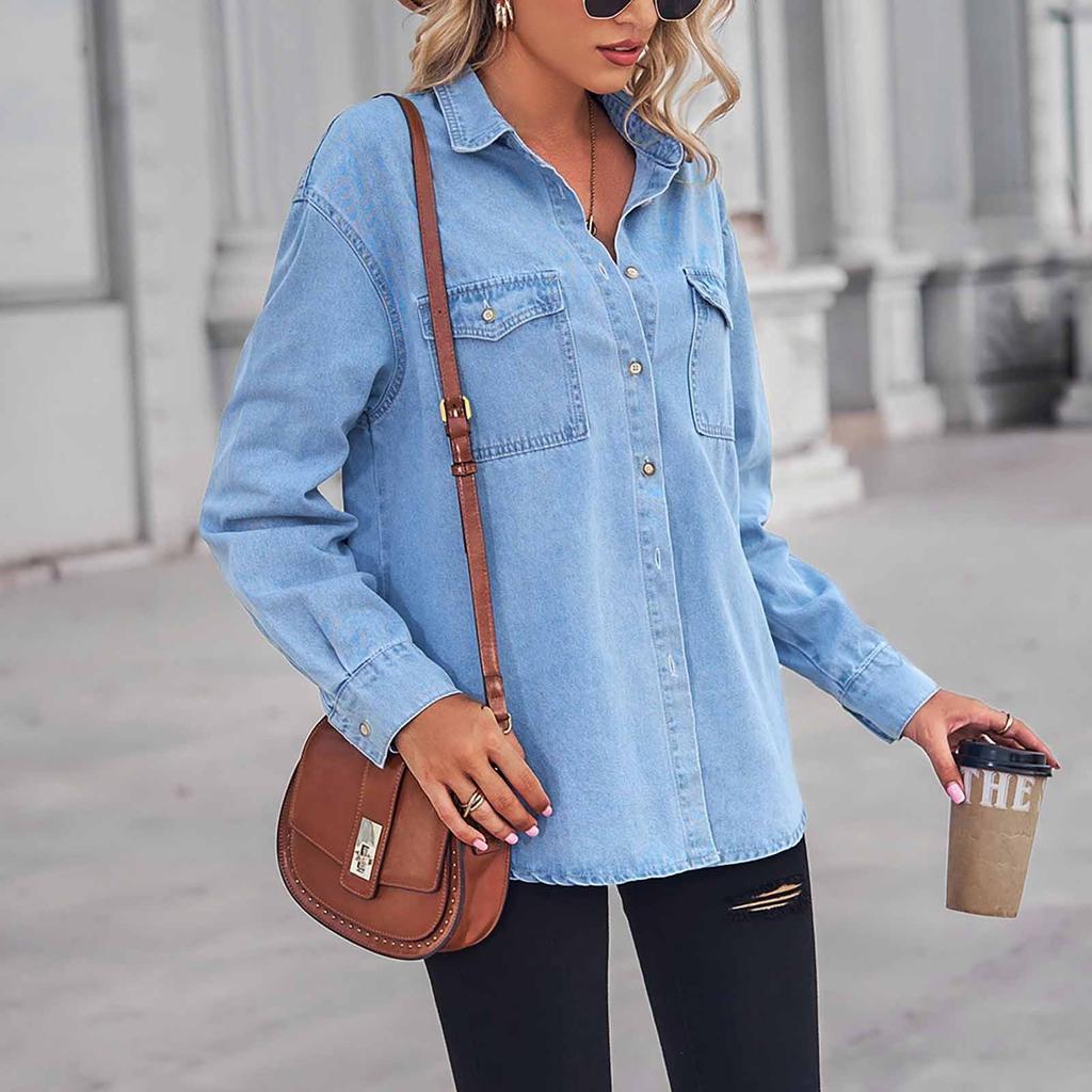 Women's Winter Vintage Classic Wide Long Sleeve Thin Loose Pocket Denim Shirt Coat