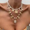 Wind Retro Baroque Imitation Pearl Flower Necklace, Butterfly Love Sunflower Pendant Collarbone Necklace