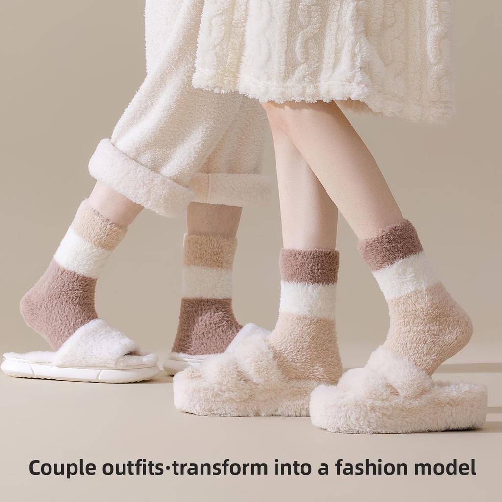 Winter and Autumn Thickened Fleece Thickened Coral Fleece Mid-calf Socks, Warm and Fashionable Couple-style Striped Multi-color Socks