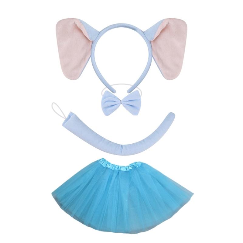 1/3/4 Delar Elefant Kostym Set Elefantöron Hårband Svans Fluga Tutu för Halloween Utklädnad Djur Cosplay Kostym