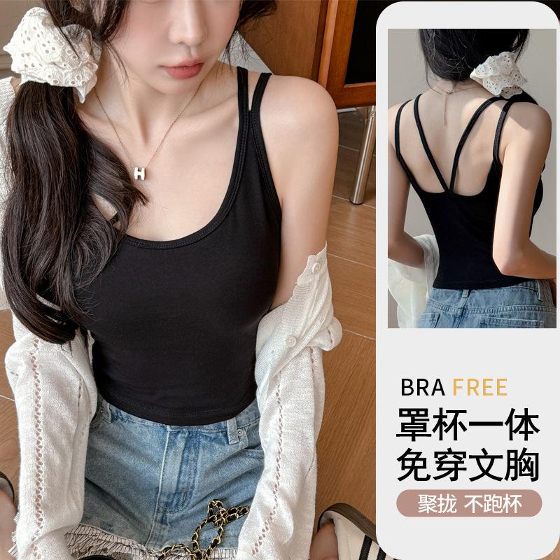 

Summer new double shoulder strap beautiful back v tie chest pad integrated suspender small vest women s solid color can be worn outside top S (suitable for weight 35-47.5kg ) чёрный