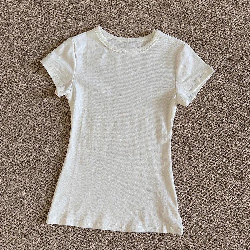

2025 Summer New Simple Solid round Neck Waist Hugging Shoulder T-shirt Women clothes Age-Reducing Multicolor Gyaru Slim fit Top White XL