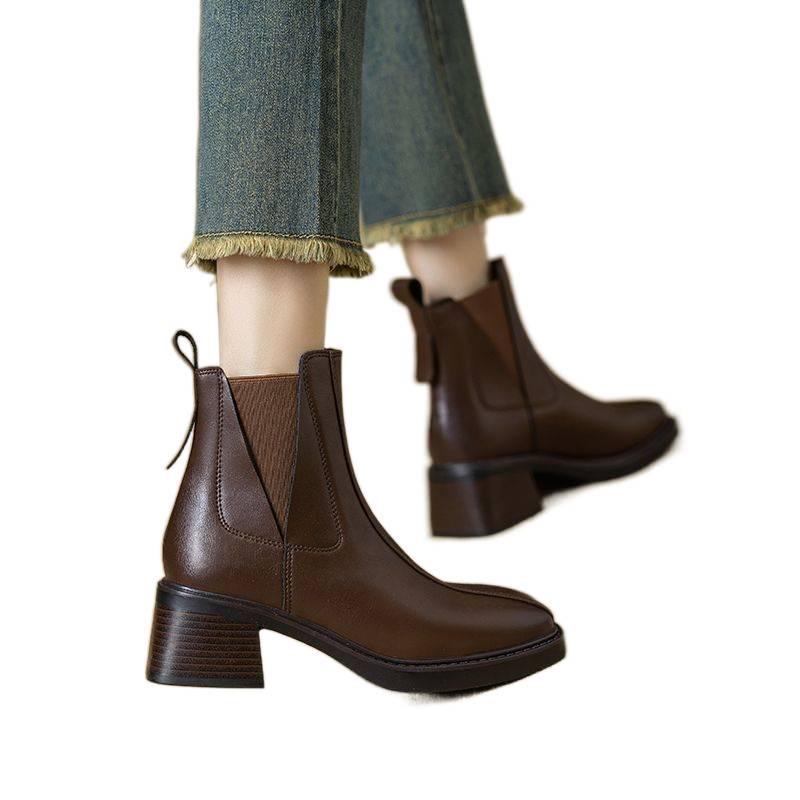 Women's Chelsea Ankle Boots - Autumn/Winter Genuine Leather, Retro British Style, Chunky Heel Martin Chimney Boots