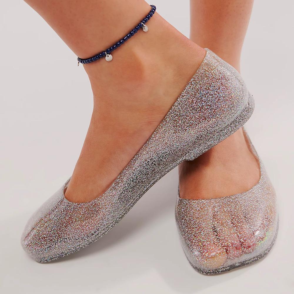 Fashion Leisure Jelly Shoes Woman Summer Flat Sandals Soft PVC Bling Transparent Color Square Toe Female Home Street Flats Big Size 42