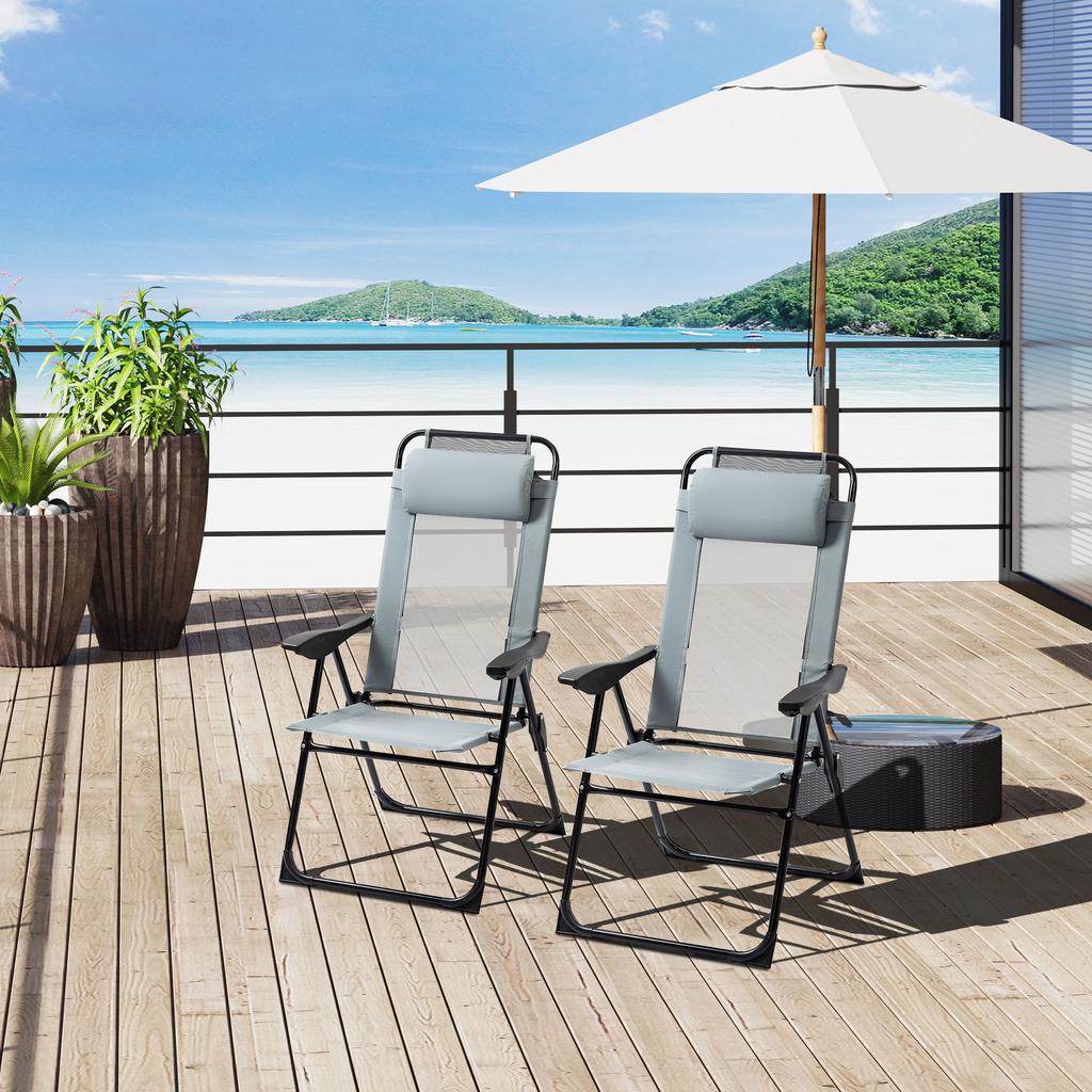 Folding Garden Chairs Set of 2, Portable Outdoor Patio Recliner Camping Chair with Adjustable Backrest, Grey