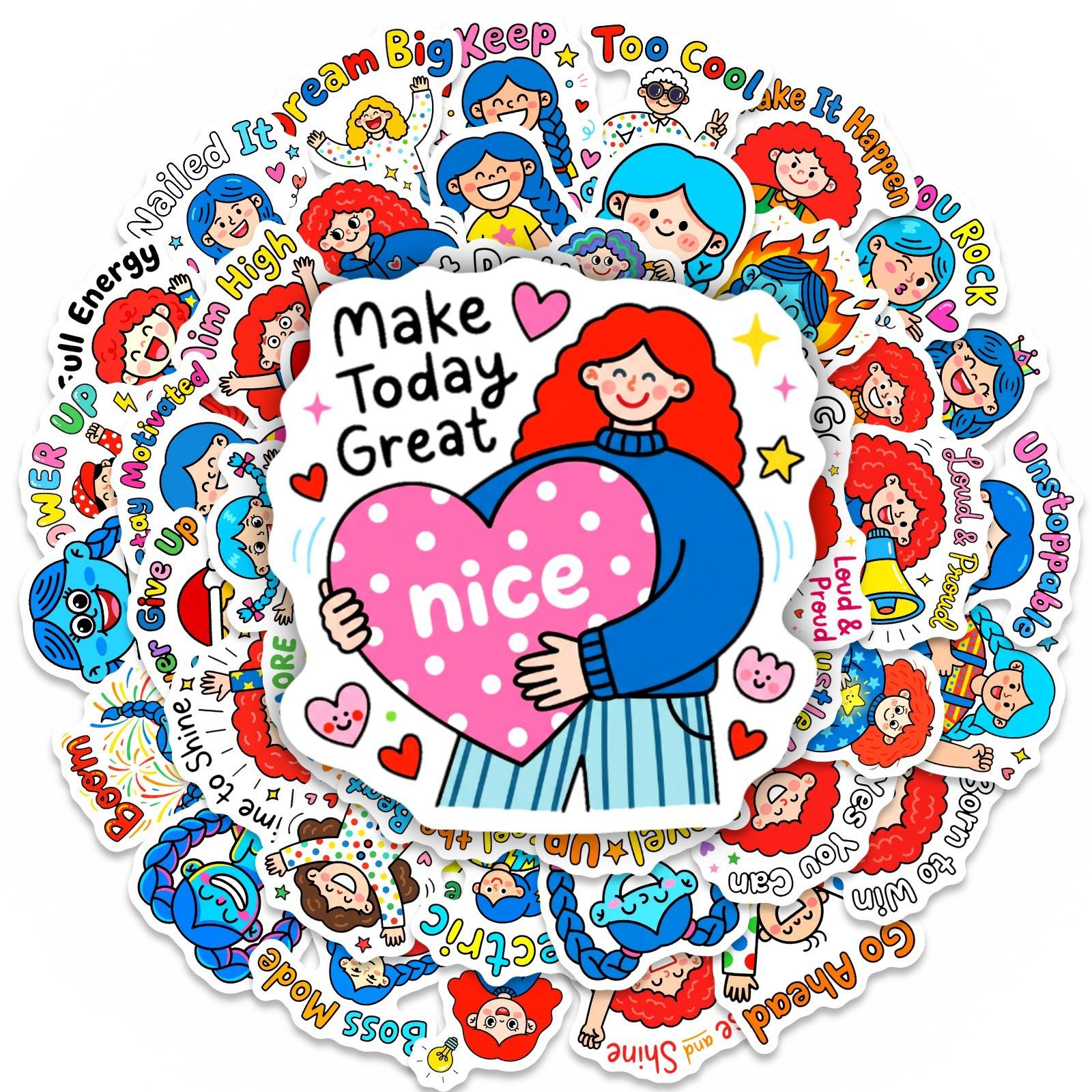 

50 Pcs Positive Cartoon Character Stickers, Waterproof Self-Adhesive Decal for Phone Laptop Helmet Skate Fridge Scrapbook Window