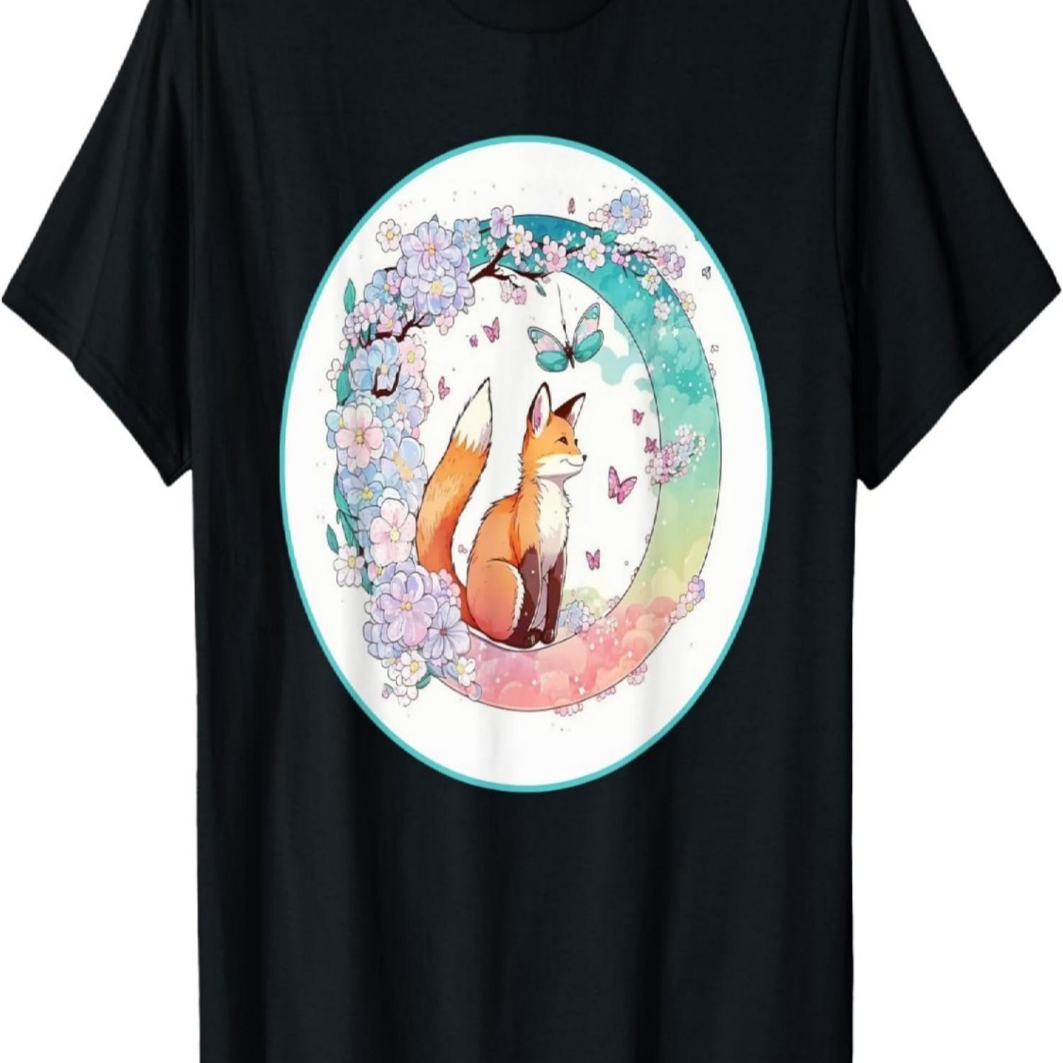 Fox Butterfly Cherry Blossom Flowers T-Shirt S