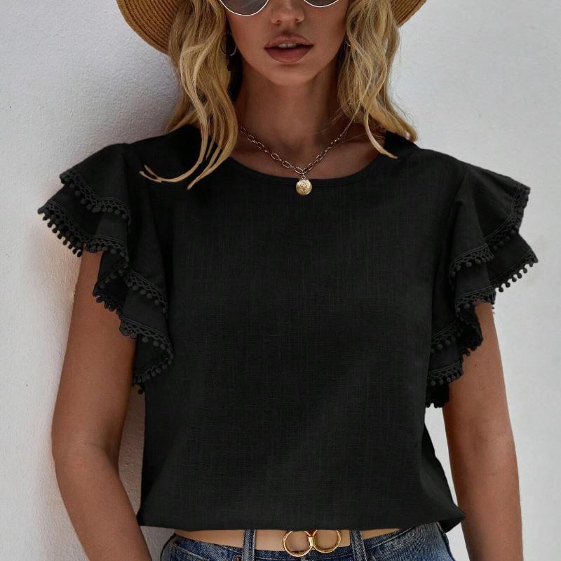 Moda Casual Cuello Redondo Tops de Verano para Mujer Camisas Sueltas Blusa Vintage de Encaje con Borlas y Mangas Volantes Camisa Lisa Elegante de Corte Ajustado para Mujer Nuevo 26424