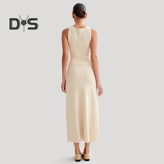 Letní dámské šaty Pletené pouzdro Slim Fit Jednobarevné Kulatý výstřih Elastické Bez rukávů Jednořadové knoflíky Délka do půli lýtek Midi šaty