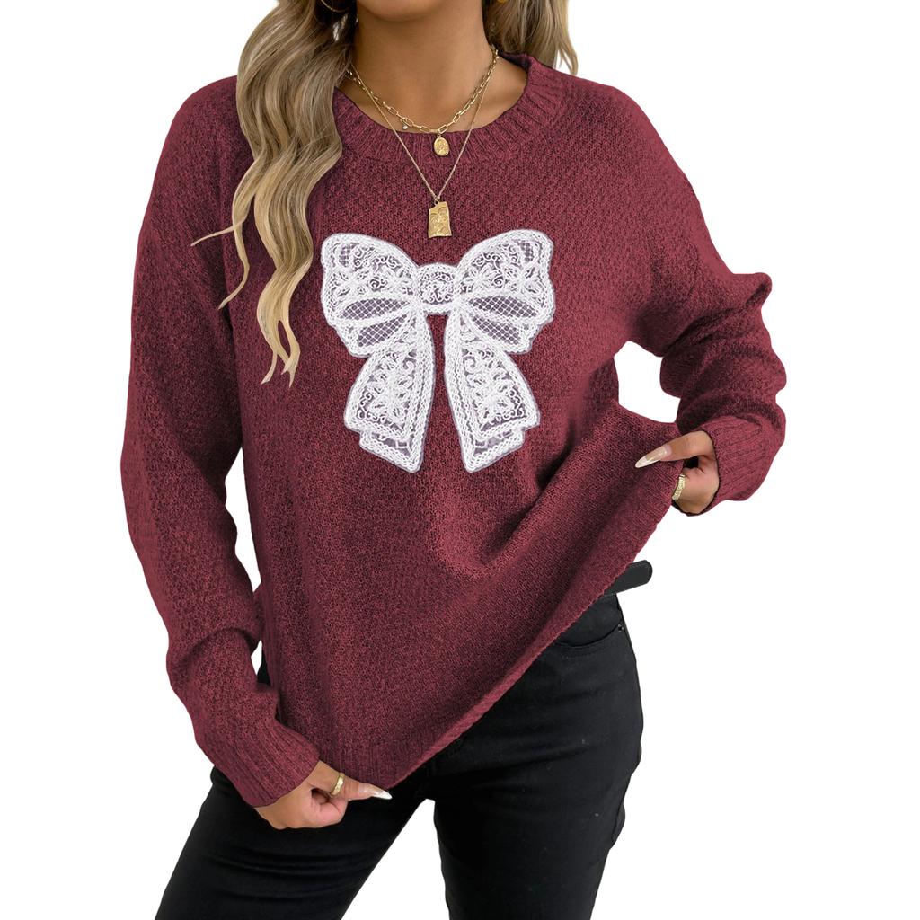 Women's Casual Round Neck Pullover Top Embroidered Lace Butterfly Sweater