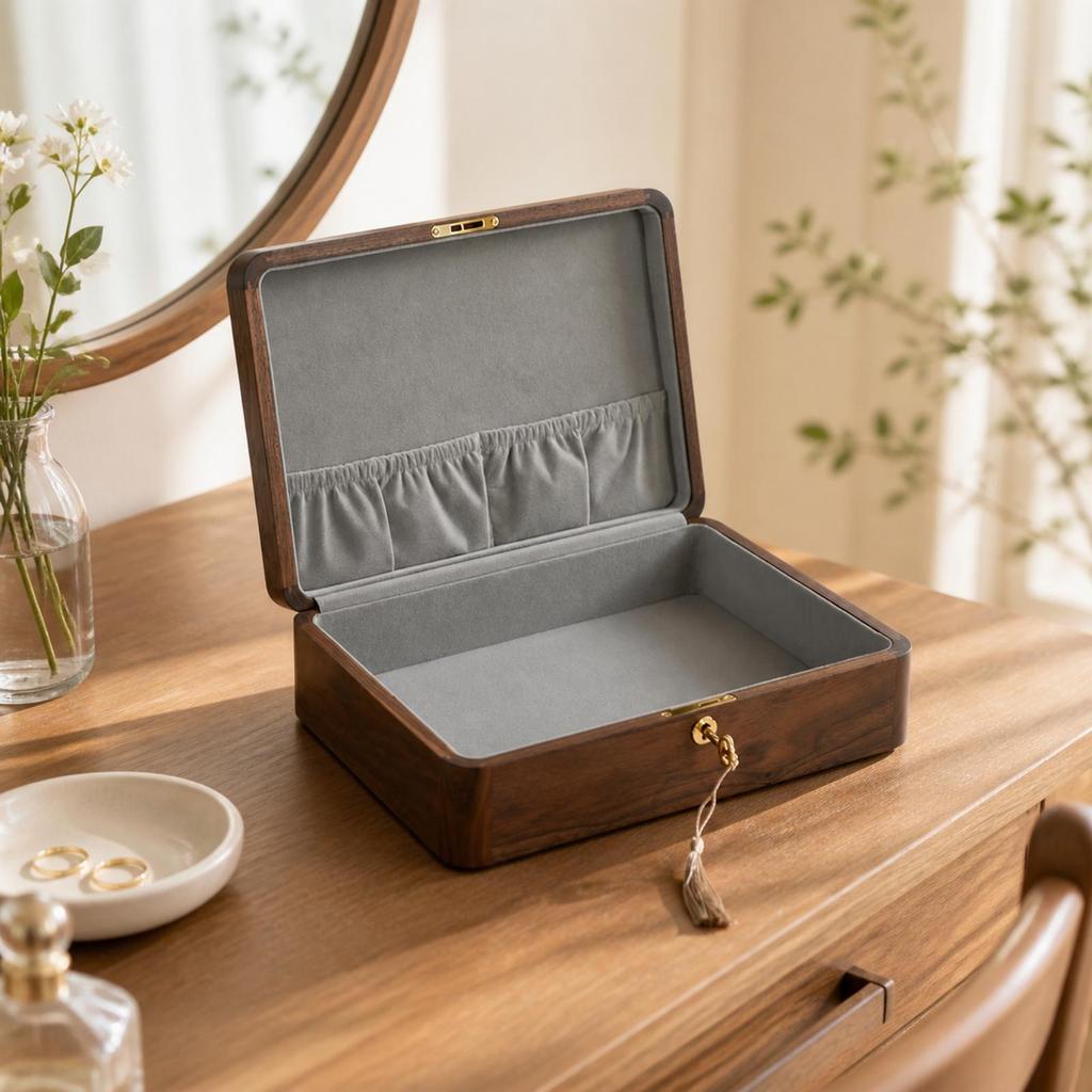 Dust-Proof Walnut Jewelry Box with Hinged Lid Sturdy Lockable Storage