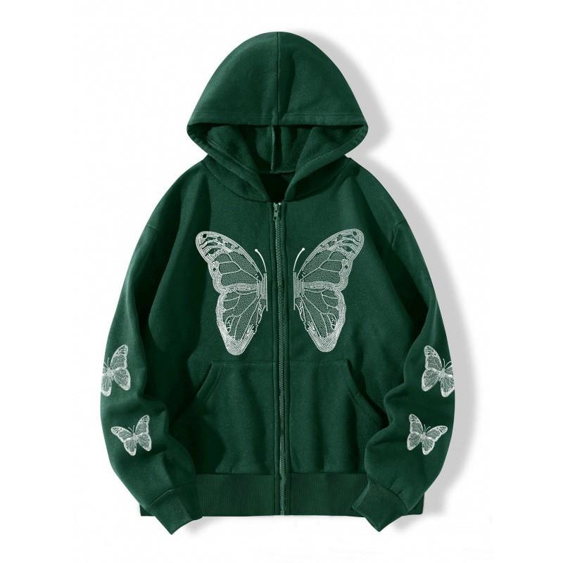 Oversized Y2K Butterfly Print Hooded Zip-Up Sweatshirt Women Men Loose Fit Streetwear With Front Pockets Air Layer