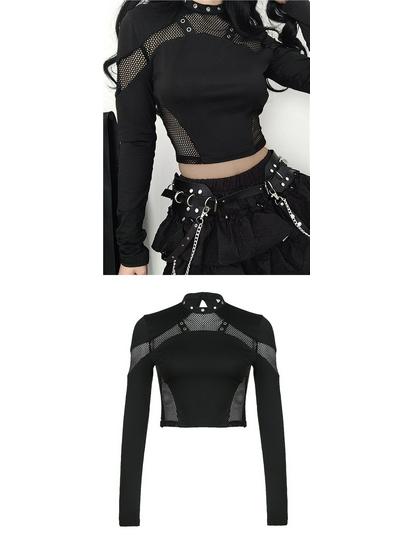 Punk Style Slim Fit Mesh Patchwork Hollow Long Sleeve T-shirt for Women