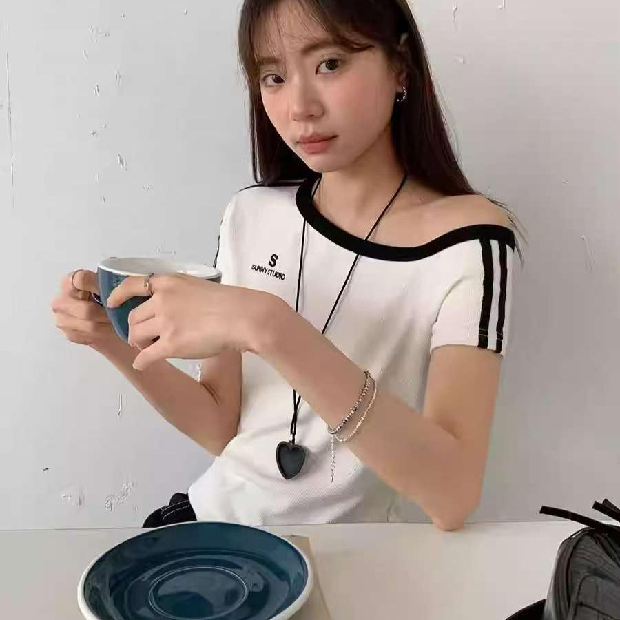 Harajuku algodón Camisetas de Mujer verano manga corta Cuello inclinado casual sexy estampado de letras Camiseta ajustada Señoras y2k Tops cortos Ropa