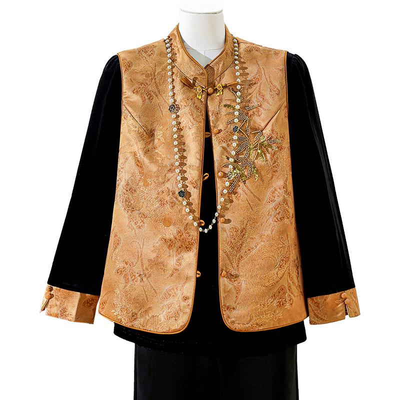 Stylish Frog Button Vest Suit: Elegant Spring Outfit with Chinese Embroidery for Middle-Aged and Elderly Women