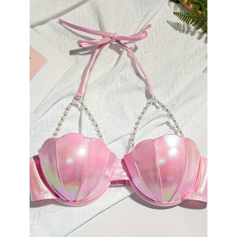 Sexy Petal Bikini Swimsuit Solid Color Petal Cup Pearl Chain Steel Band Bikini Top