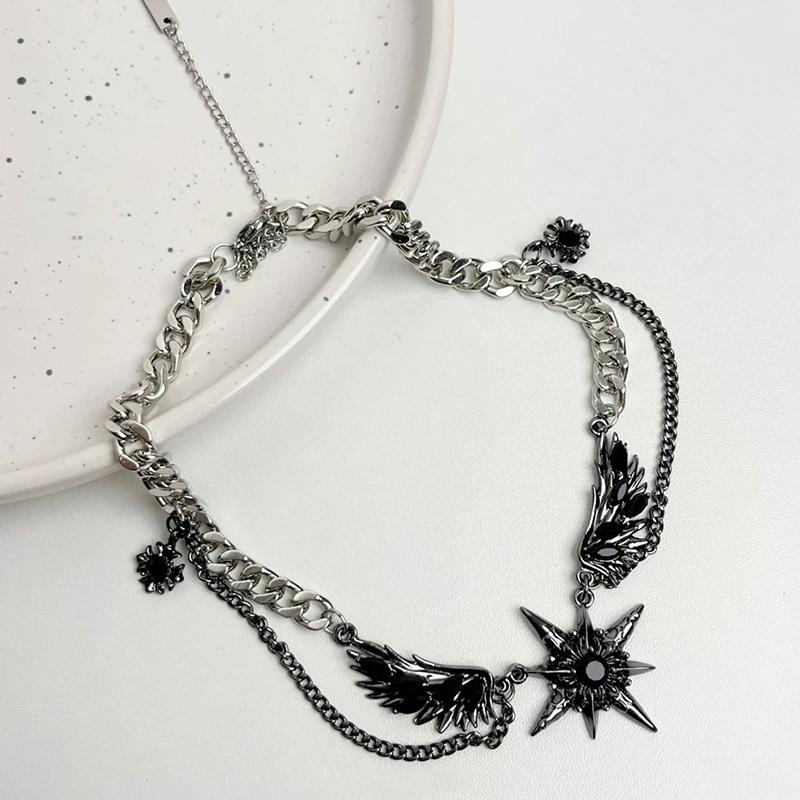 Punk Y2K Star Wings Stacked Necklace Chain Collar Dark Winged Angel Pendant Layered Chain Choker Black Wing Necklaces Jewelry