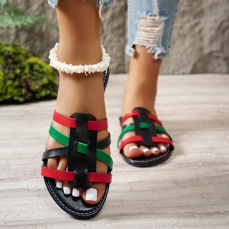 Fashion Summer New Flat Shoes Women Fashion Round Head Open Toe Thin Ribbon Woven Hollow Soft Sole Anti-slip Wear-resistant Slippers