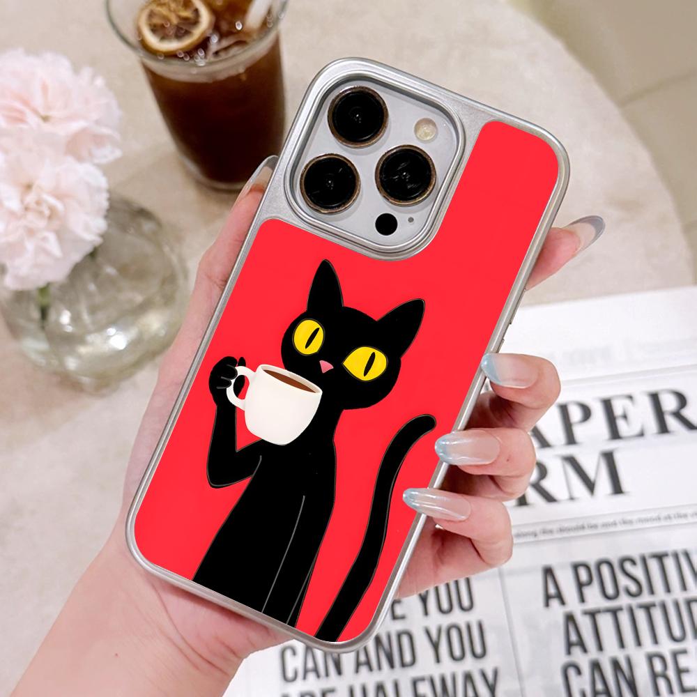 Cute Coffee Cat Silver Plating Mobile Phone Case for iPhone 17 16 15 14 13 12 11 Air Pro Max Plus Colorful Cover
