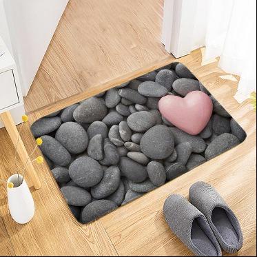 

2D Pebble Stone with Red Heart Doormat Soft Non-Slip Home Decor Welcome Mat Romantic Stone Pattern Floor Rug for Living Room 40x60cm