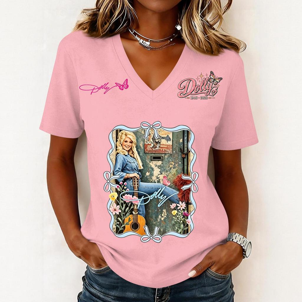 Women's Casual V-Neck Short Sleeve Letter Print Pullover Top for Summer