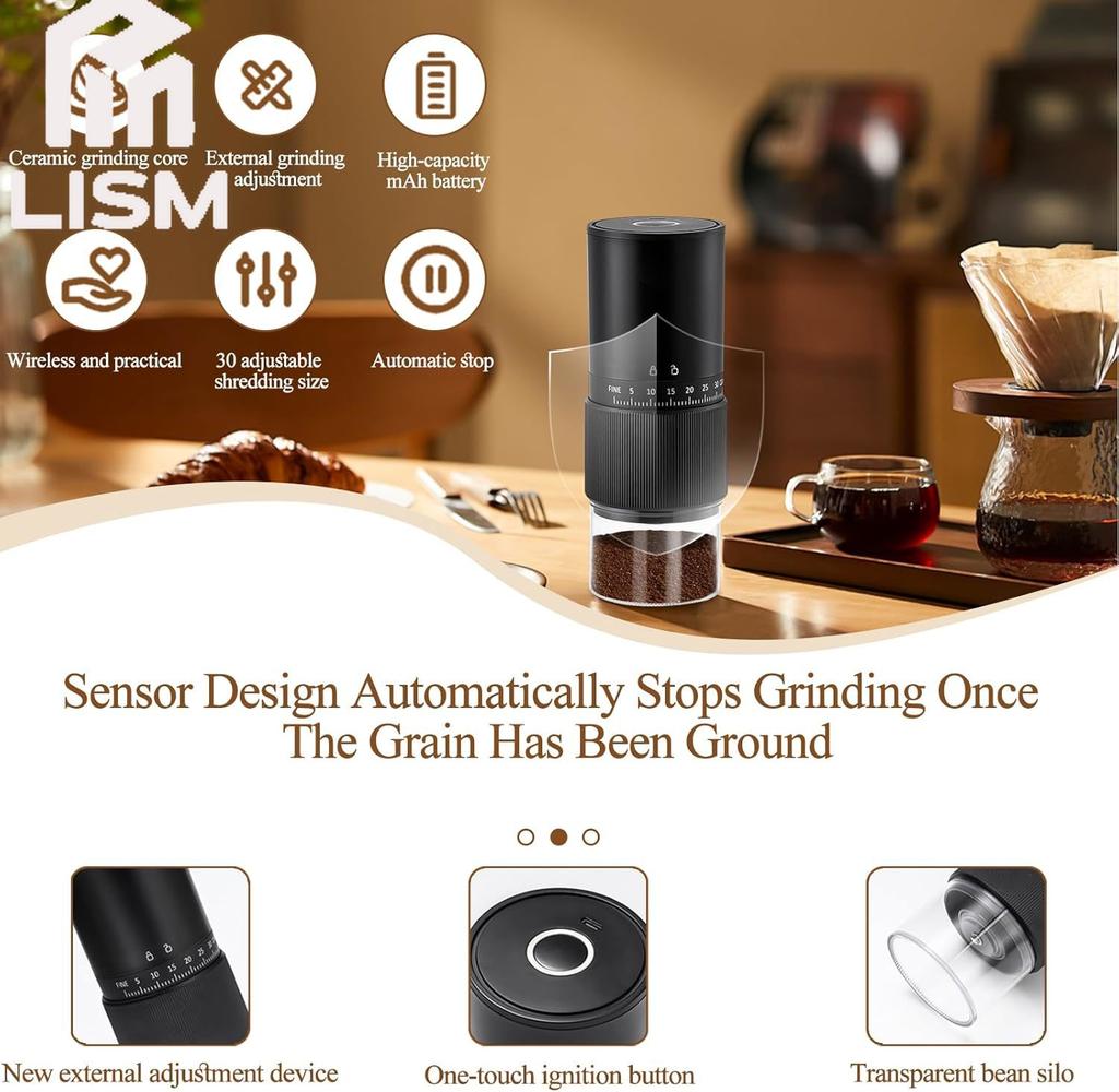 Rechargeable Espresso Coffee Grinder Burr Electric with 30 Adjustable Setting Cordless with Tapered Ceramic Grinding Heads