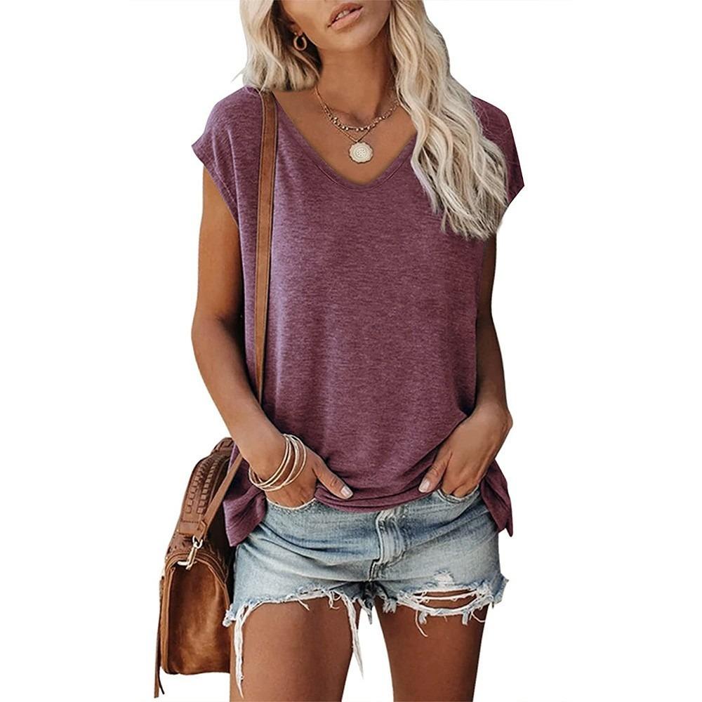 Women's Solid Color V-Neck T-Shirts, Lightweight Soft Cotton Tees for Spring & Summer, Casual Daily Basic Tops