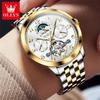 OLEVS 7018 Men's Watches Dgital Dial Skeleton Flywheel Automatic Mechanical Wristwatch Luxury Moon Phase Week Calendar Man Watch