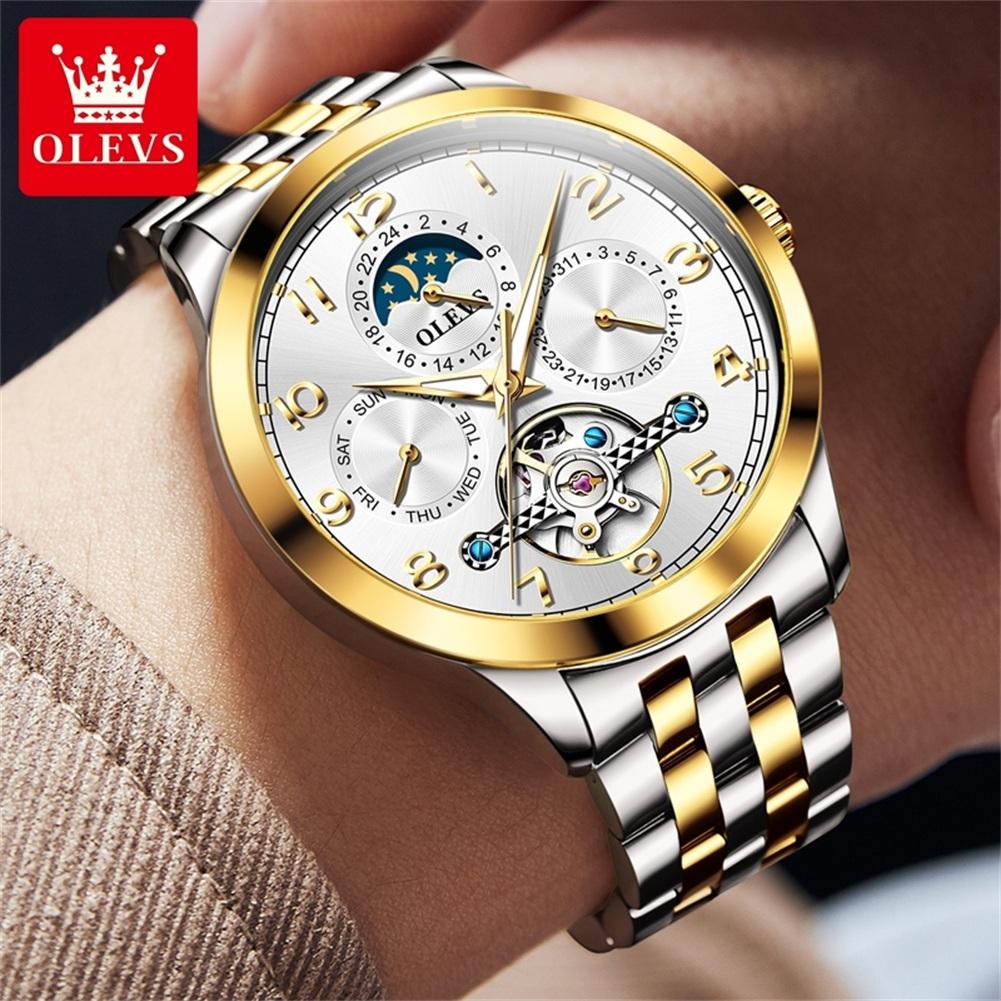 OLEVS 7018 Men's Watches Dgital Dial Skeleton Flywheel Automatic Mechanical Wristwatch Luxury Moon Phase Week Calendar Man Watch