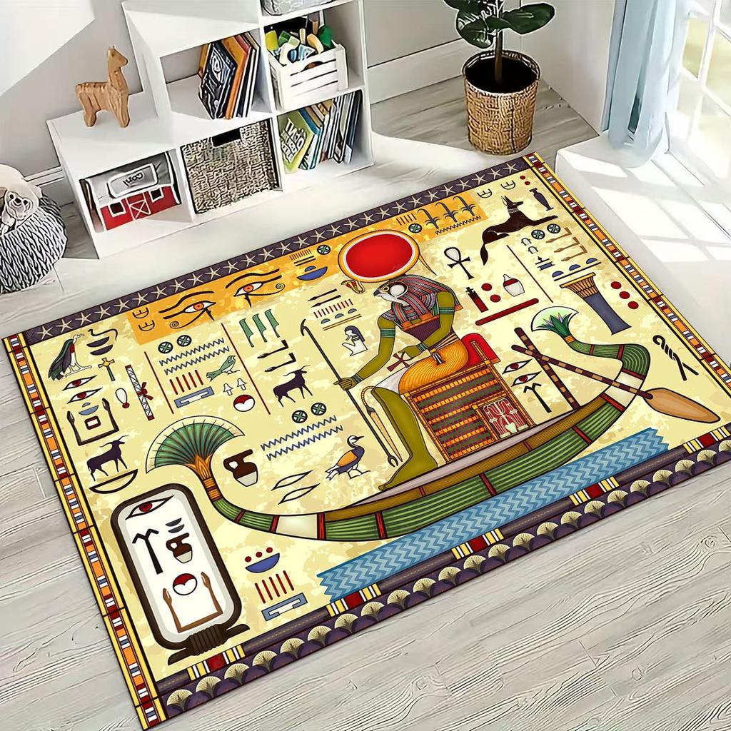 Ancient Egyptian Hieroglyphic Symbols Carved Murals Rug for Bedroom Living Room Sofa Home Doormat Decor,Kids Non-slip Floor Mat