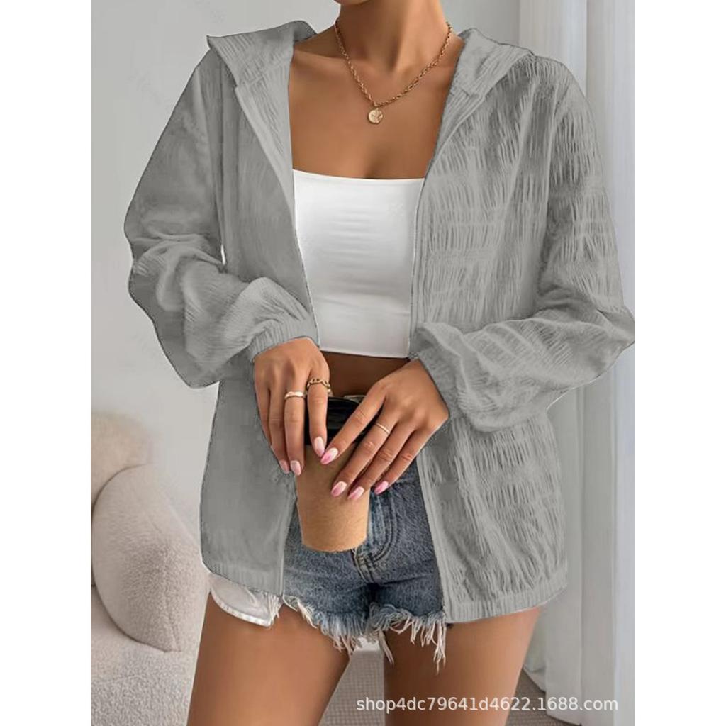 Women's Summer Thin Hooded Sun Protection Jacket, European American Ins Style Loose Zipper Outerwear for Women